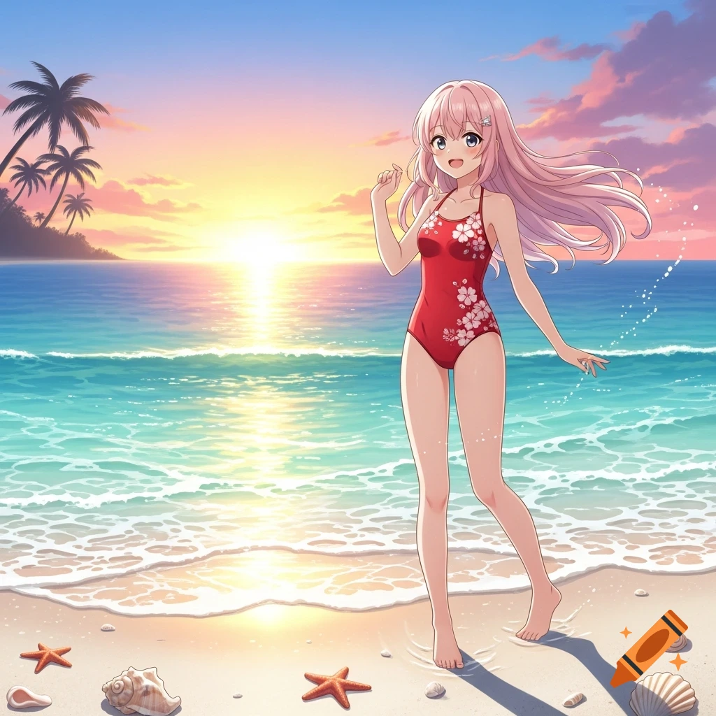 Anime girl in a red floral swimsuit walking on a sandy beach during sunset, with palm trees in the background.