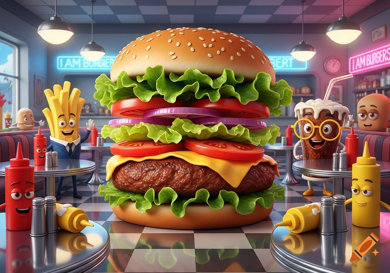 A giant burger sits on a diner table with cartoonish french fries, a milkshake with glasses, ketchup, and mustard bottles with faces, in a cheerful, whimsical style.