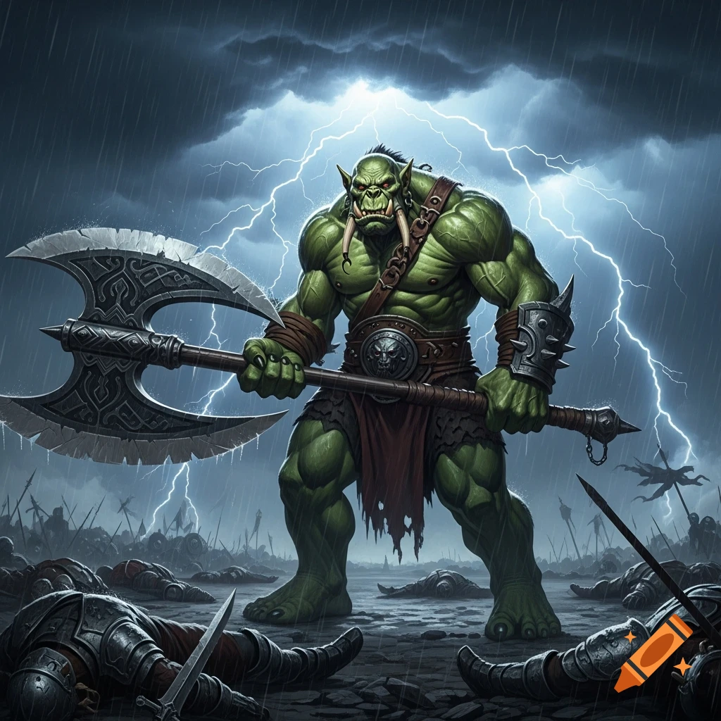 A muscular green orc warrior stands on a stormy, lightning-lit ...