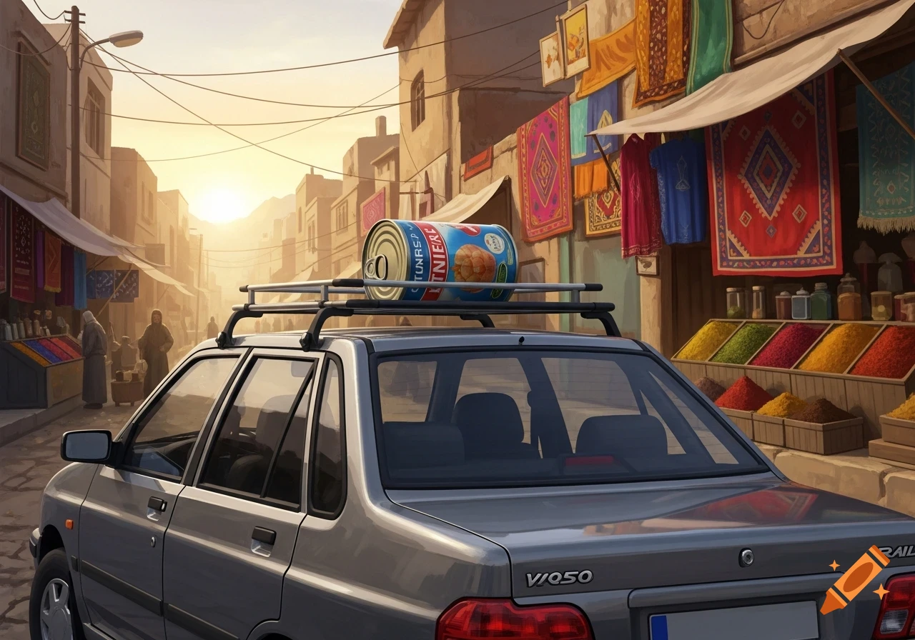 A stylized painting of a gray sedan with a giant tuna can on its roof rack, parked on a sunny street next to market stalls selling spices and textiles.