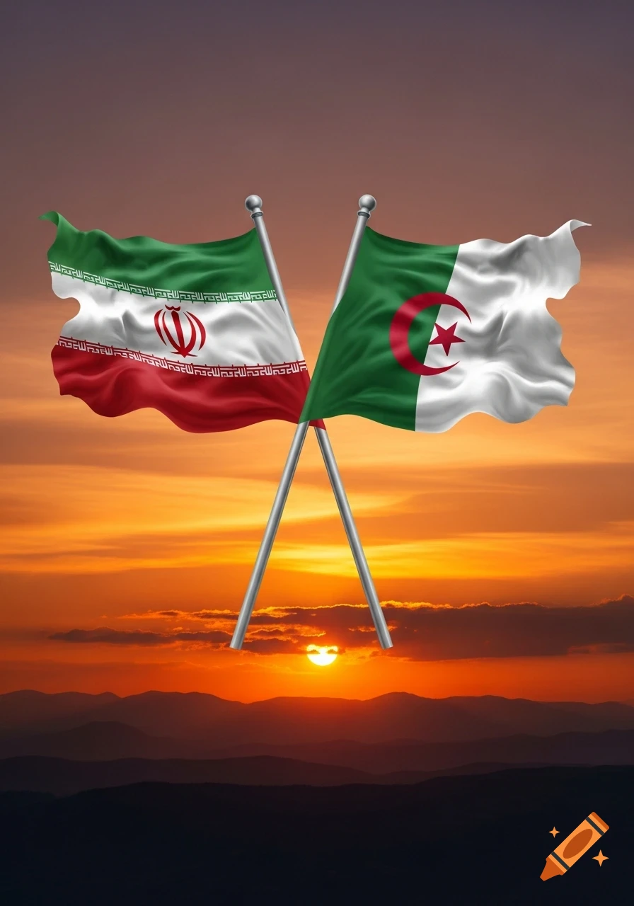 Photorealistic image of the Iranian and Algerian flags crossed on poles, set against a vibrant sunset over silhouetted mountains.
