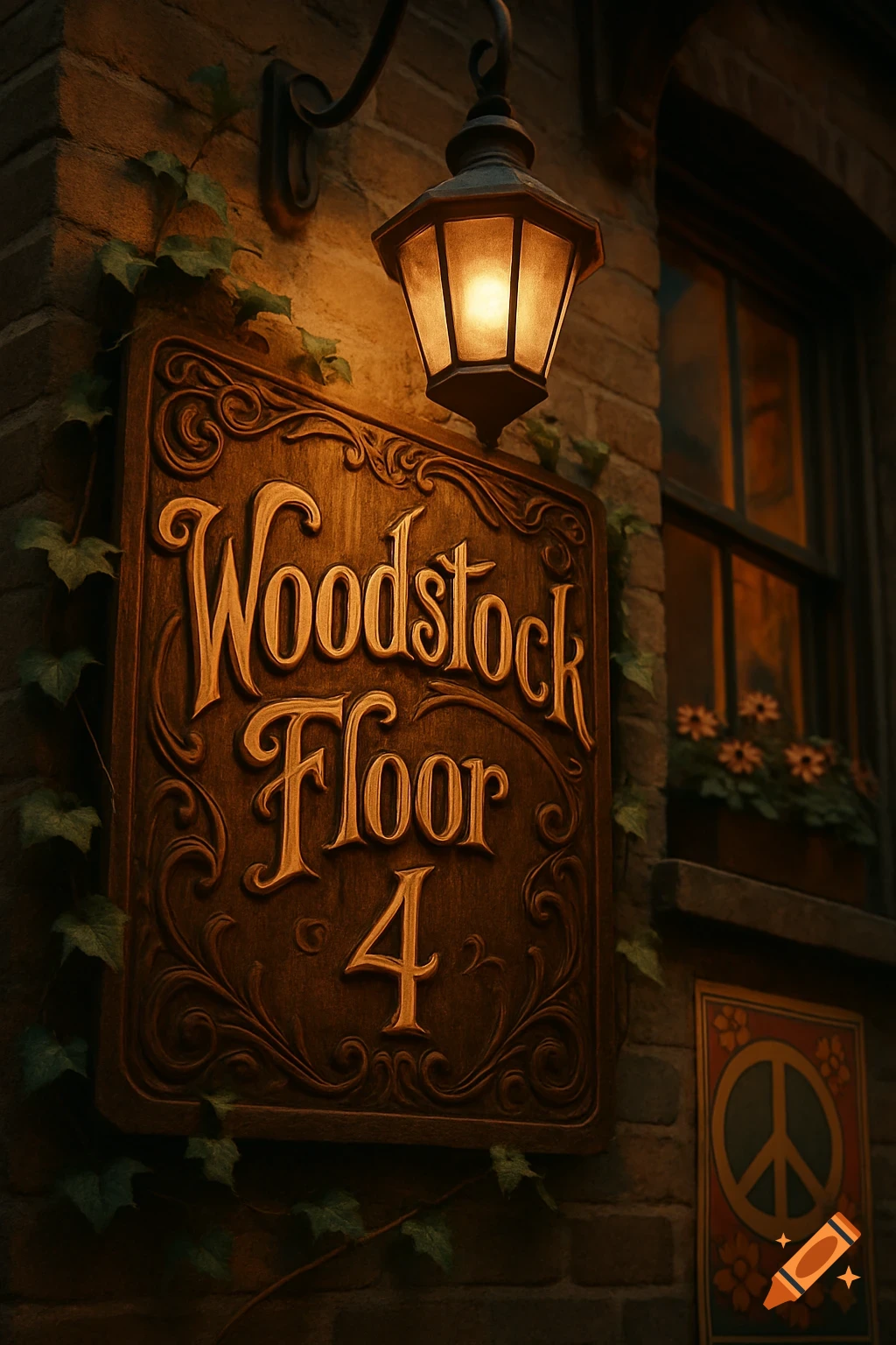 A rustic wooden sign reading "Woodstock Floor 4" is illuminated by a warm lantern on a brick wall, adorned with ivy. Below, a window box holds flowers, and a peace symbol hangs on the wall.