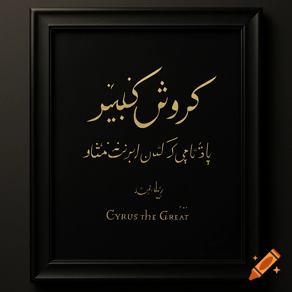 A black framed artwork with gold Persian calligraphy and the English text "Cyrus the Great" on a black background.