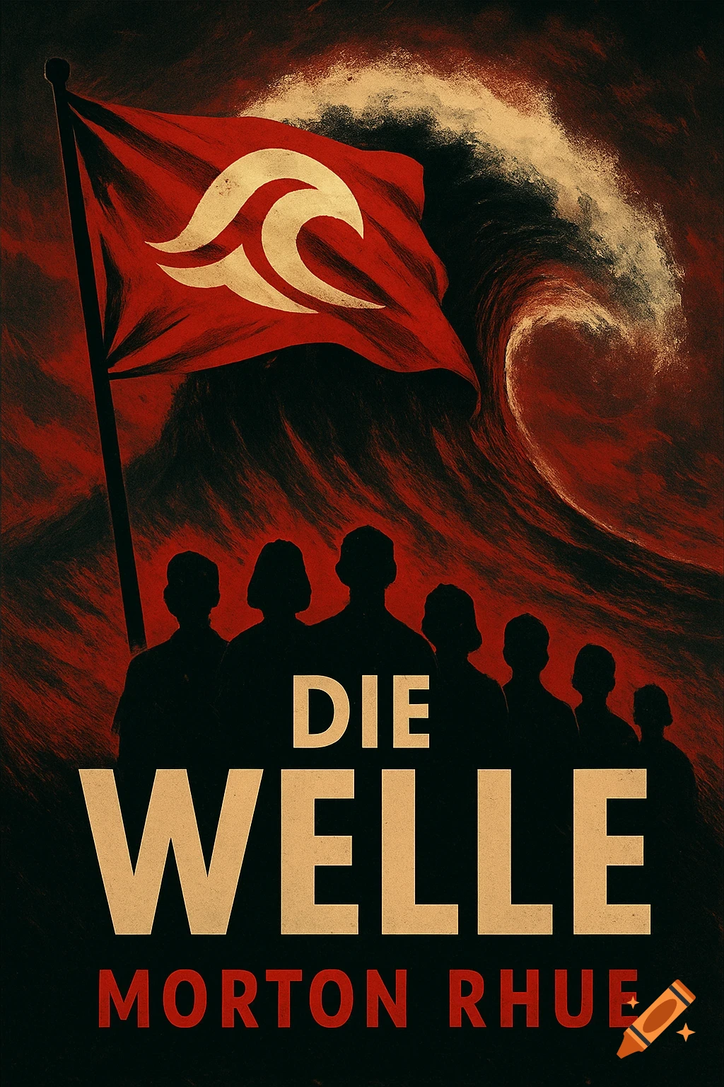 Red and black book cover in a poster style with a flag bearing a white wave symbol, silhouettes of people, and text "DIE WELLE MORTON RHUE" below a large wave.