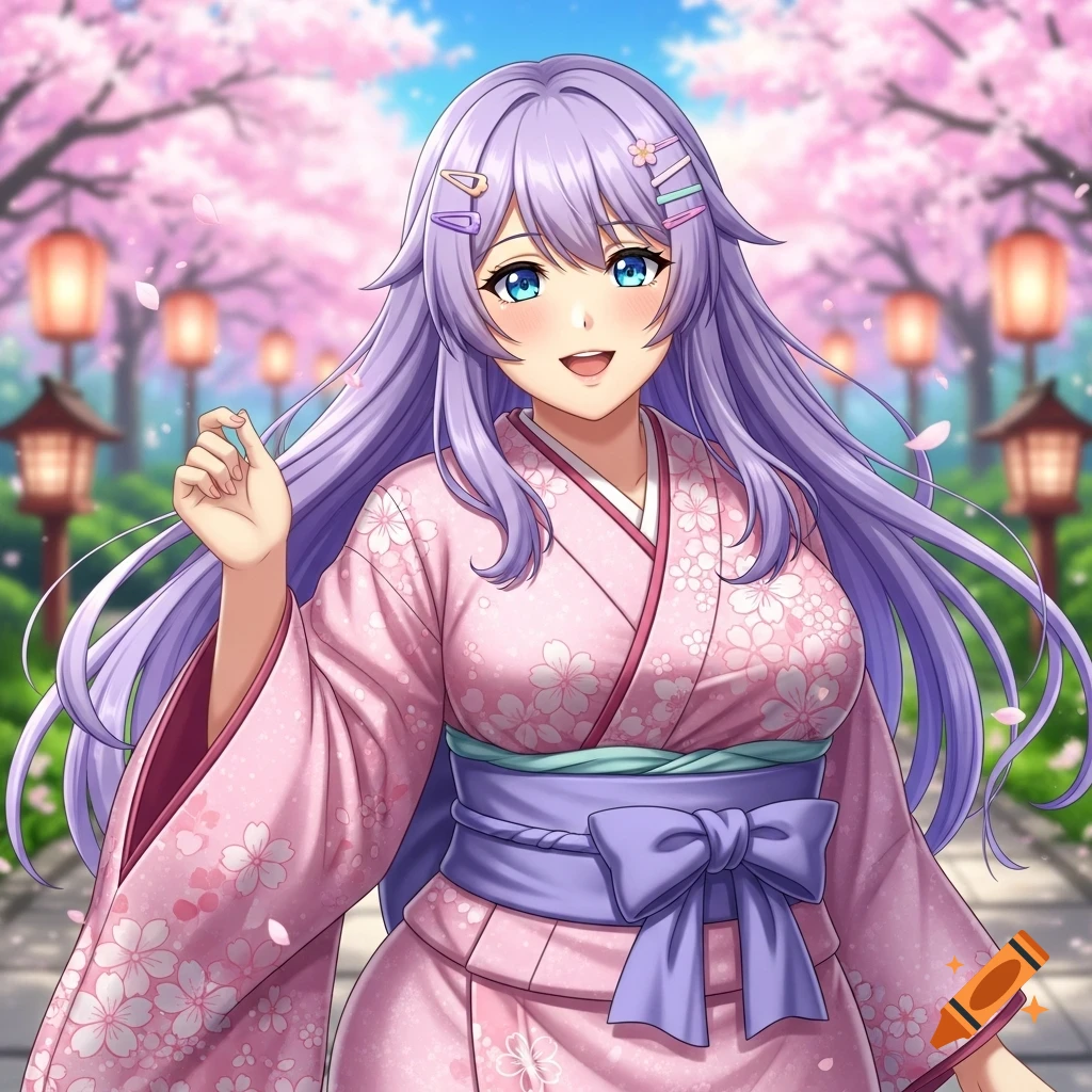 An anime girl with long purple hair and blue eyes, wearing a pink kimono with cherry blossoms, smiling in a park.