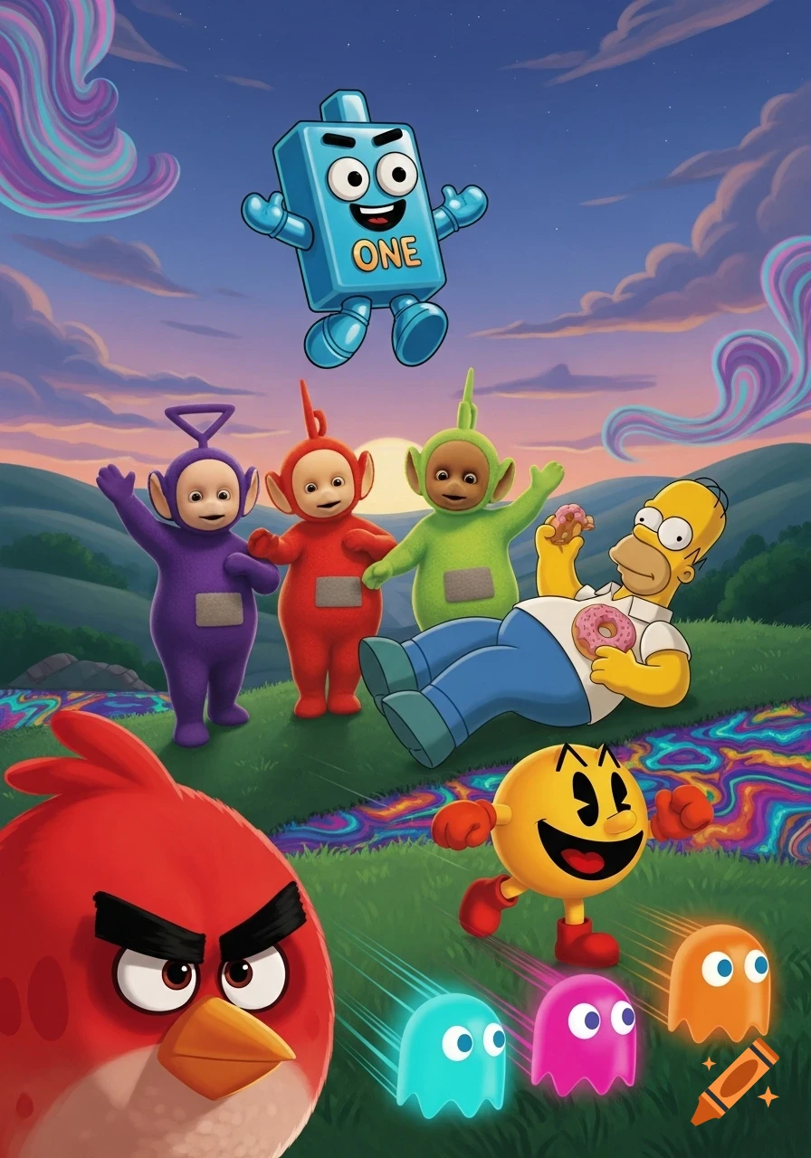 Red Angry Bird, Teletubbies, Homer Simpson, Numberblock One, Pac-Man and ghosts in a vibrant, psychedelic landscape at sunset.