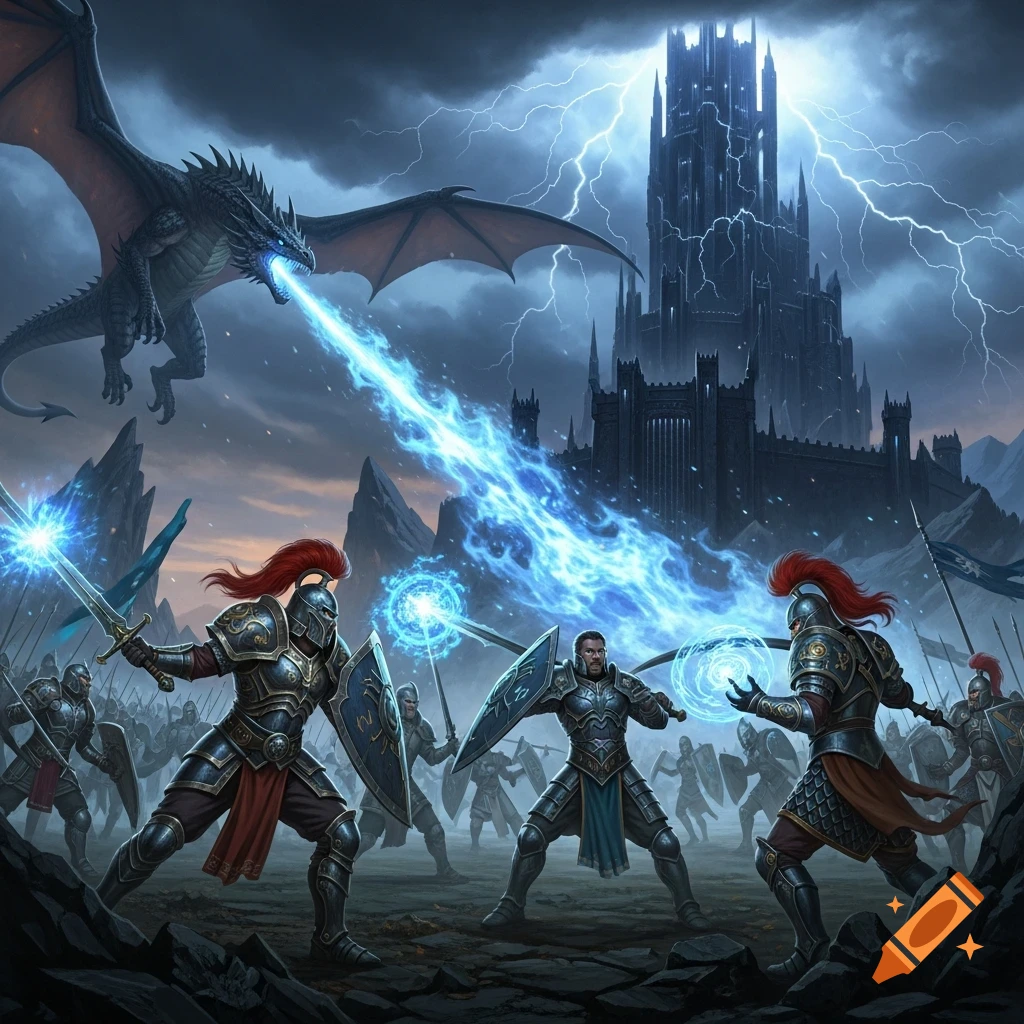 A dragon breathes blue fire over a battle where armored warriors fight with glowing magic swords in front of a stormy castle.
