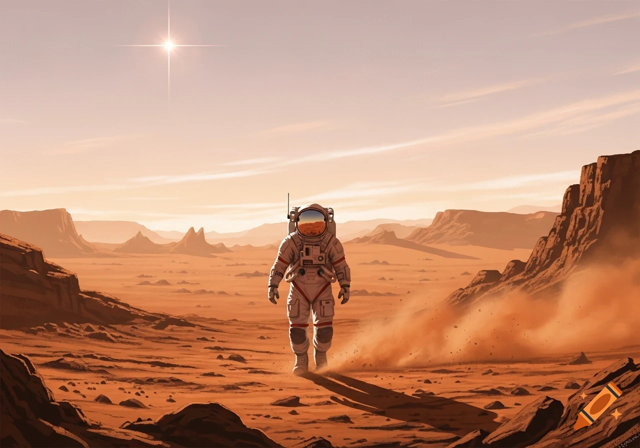 An astronaut walks across a vast, red, rocky Martian landscape under a reddish sky with a bright star.