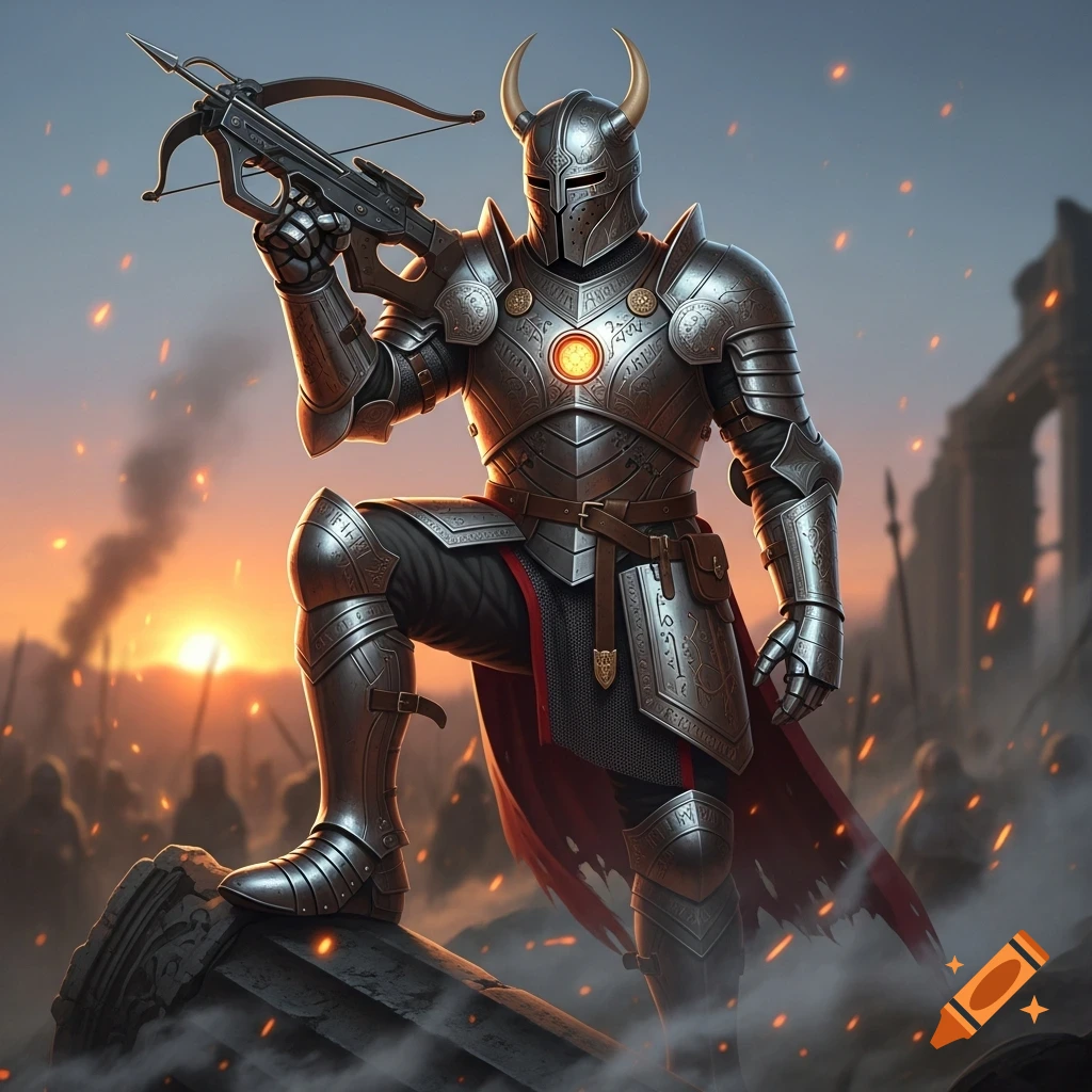 A knight in shining horned armor with a glowing chest emblem holds a crossbow in a war-torn sunset battlefield.