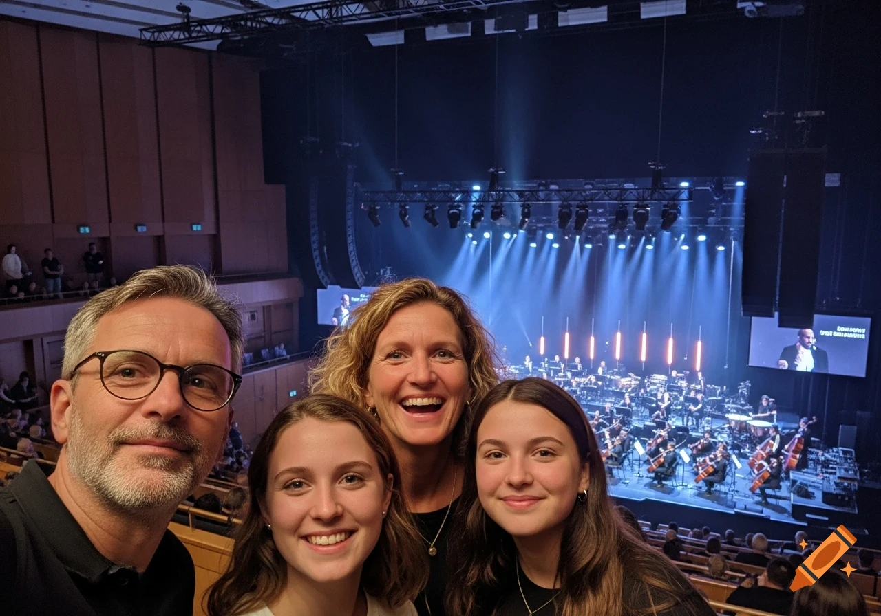 A smiling family of four takes a selfie at a concert hall, with an orchestra performing on stage under blue lights.