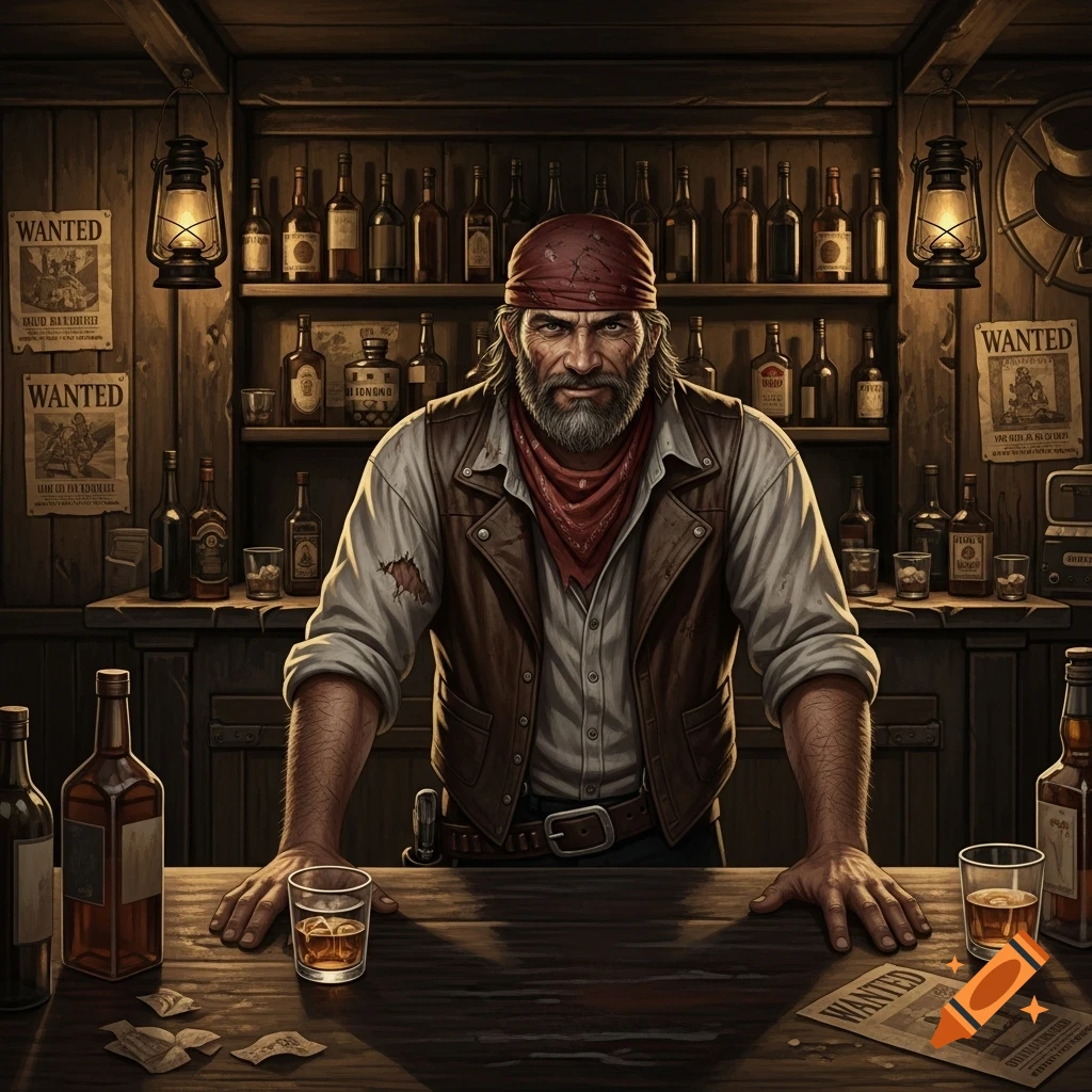 A rugged, bearded man in a bandana and vest stands behind a rustic wooden bar, surrounded by bottles and 'wanted' posters.