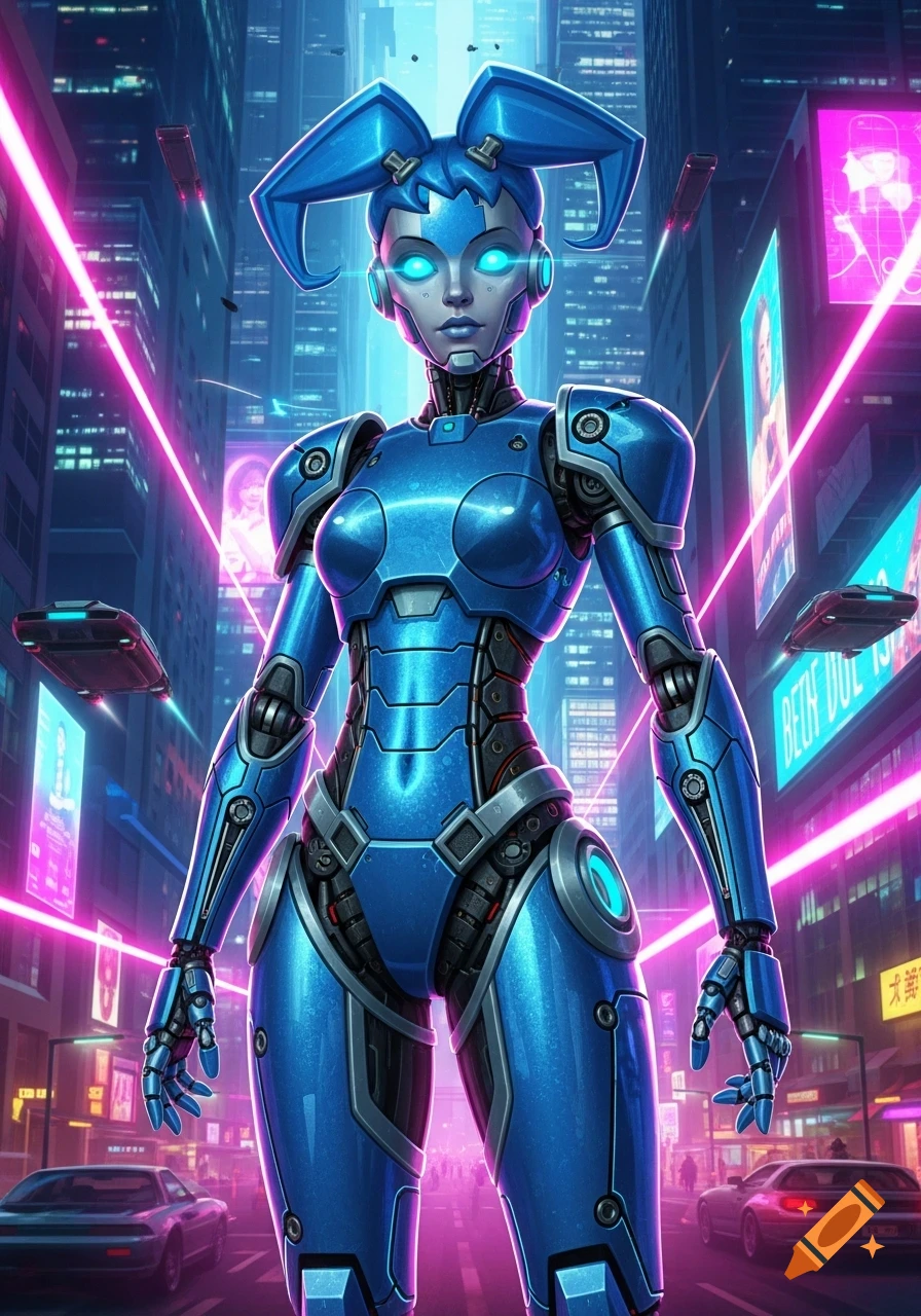 A stylized blue female robot with glowing eyes stands in a vibrant, neon-lit futuristic city at night, with flying cars and towering buildings.