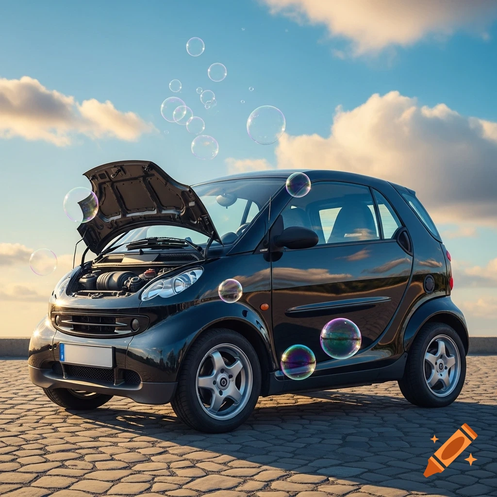 A black microcar with its hood open, surrounded by floating soap bubbles, parked on cobblestones under a partly cloudy blue sky. Photorealistic.