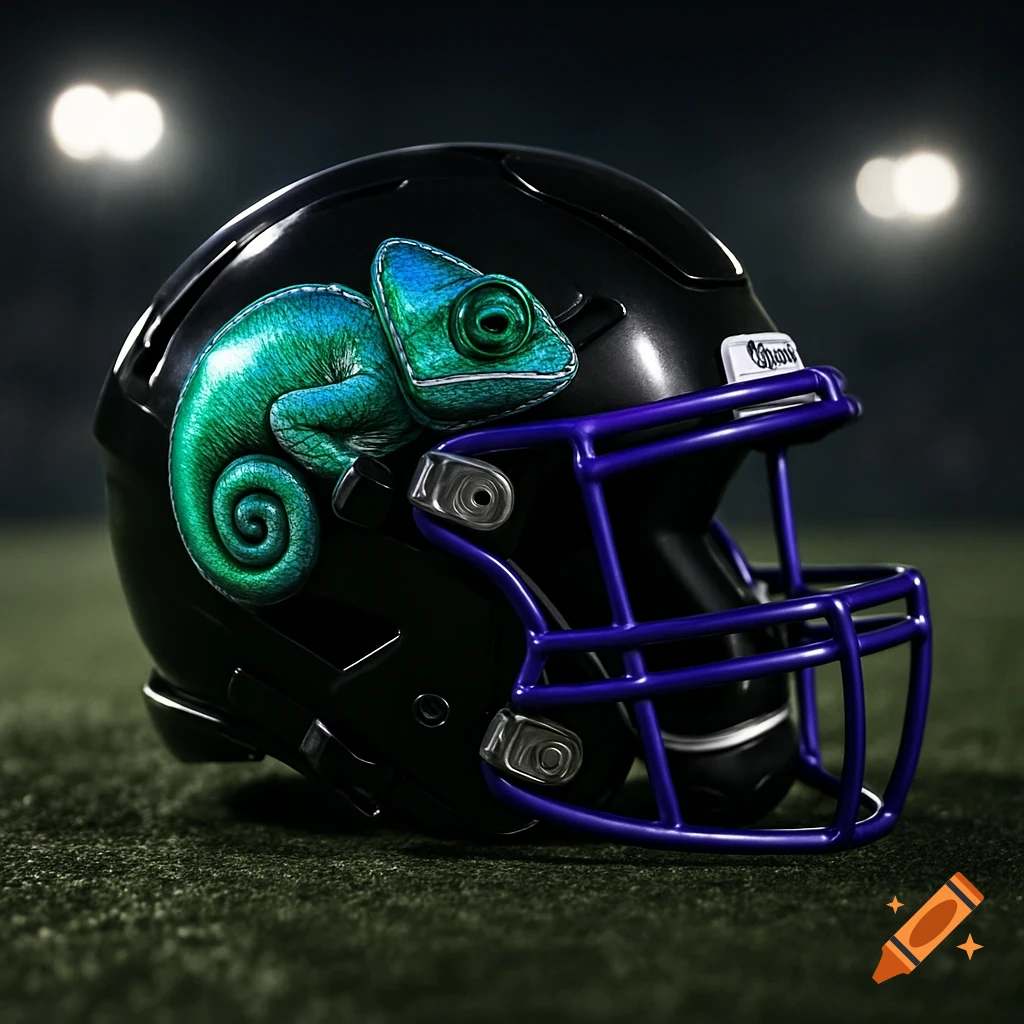 A black football helmet with a vibrant green and blue chameleon logo and a purple facemask sits on a football field.