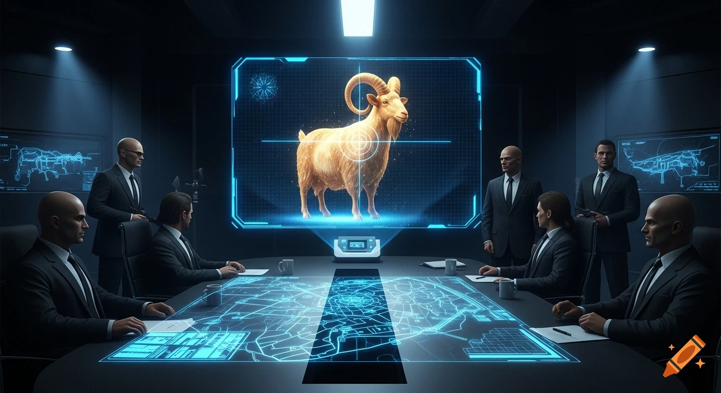 Men in suits observe a holographic projection of a goat with a target on it in a dark, futuristic briefing room with glowing map displays.