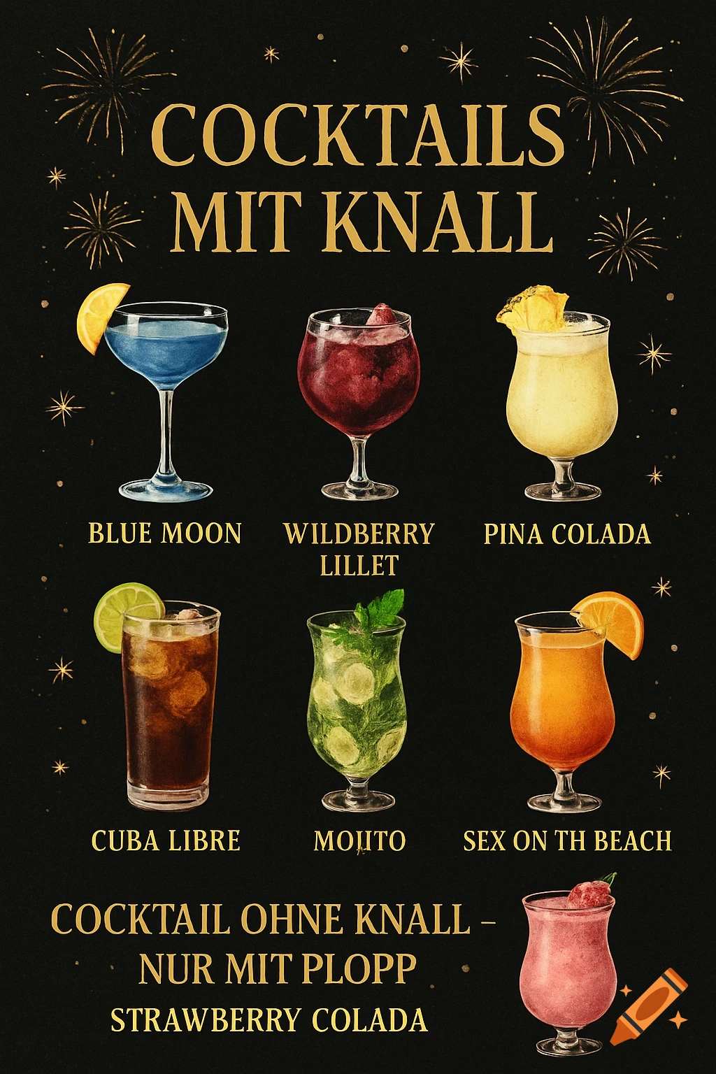 A black and gold New Year's Eve cocktail menu with fireworks, featuring seven watercolor cocktails including Blue Moon, Pina Colada, and Mojito.