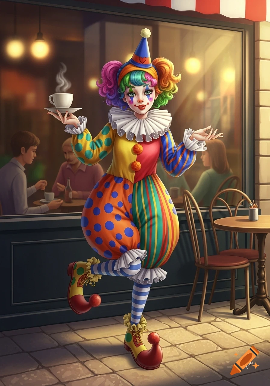 A whimsical illustration of a colorful clown girl holding a steaming coffee cup, standing on one leg outside a cafe.