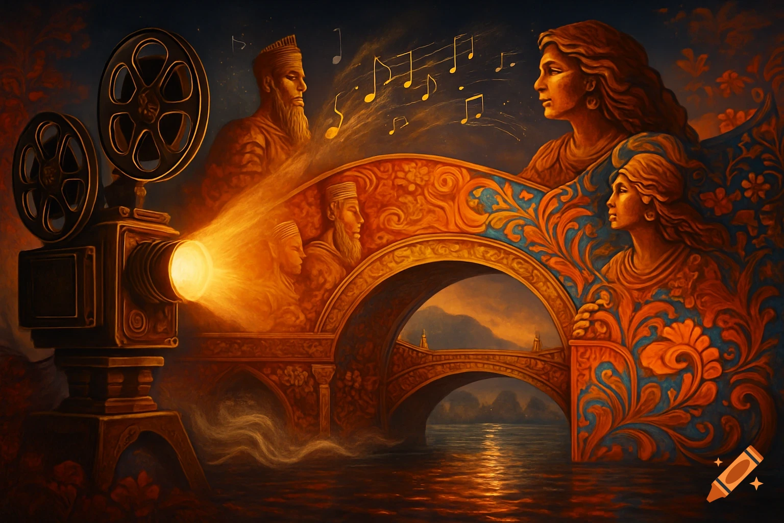 Ornate painting of a projector illuminating a bridge over water with stylized figures and musical notes, blending cultural art.