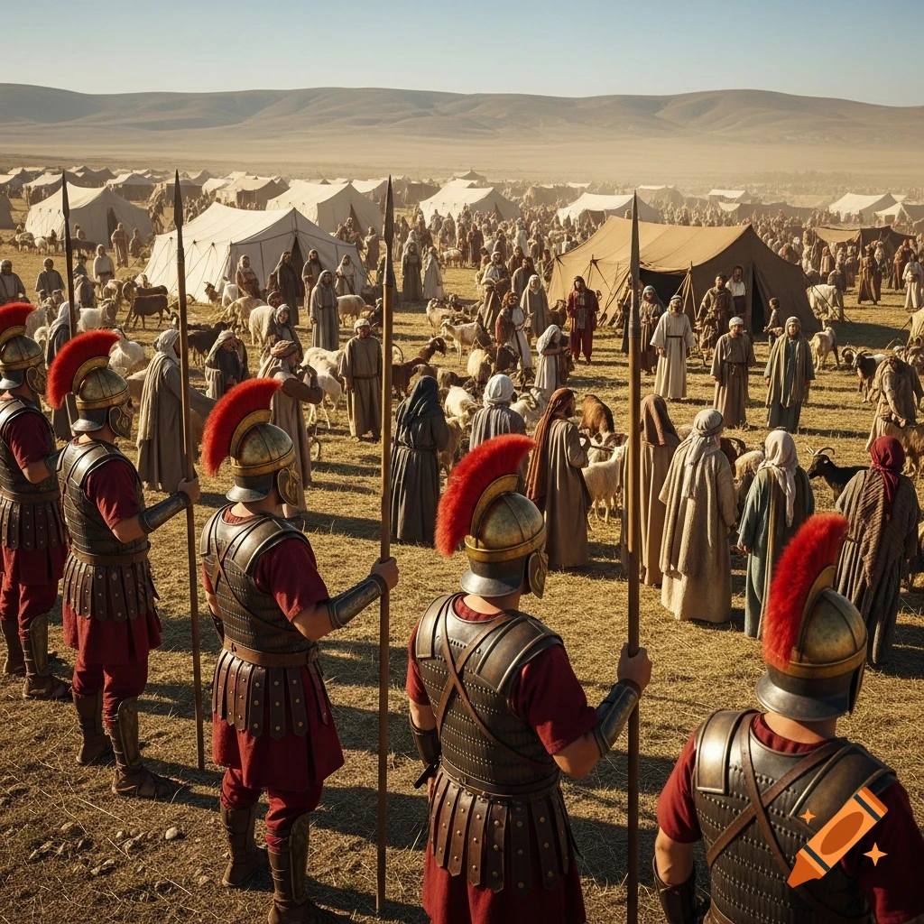 Four ancient soldiers, seen from behind, stand guard with spears overlooking a vast desert camp filled with numerous tents, people, and grazing sheep under a clear sky.