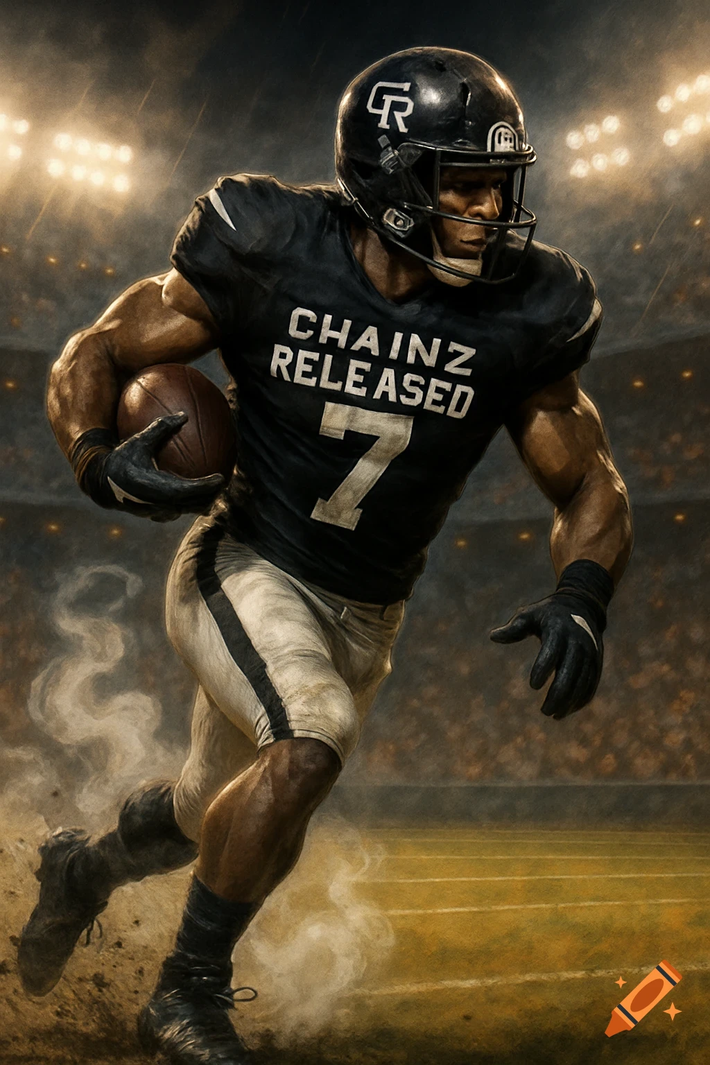 A muscular football player in a black and white uniform runs with a ball on a stadium field, detailed digital art.