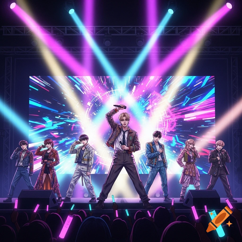 An anime K-pop group performs on a vibrant stage with colorful spotlights and a large screen, viewed from the audience.