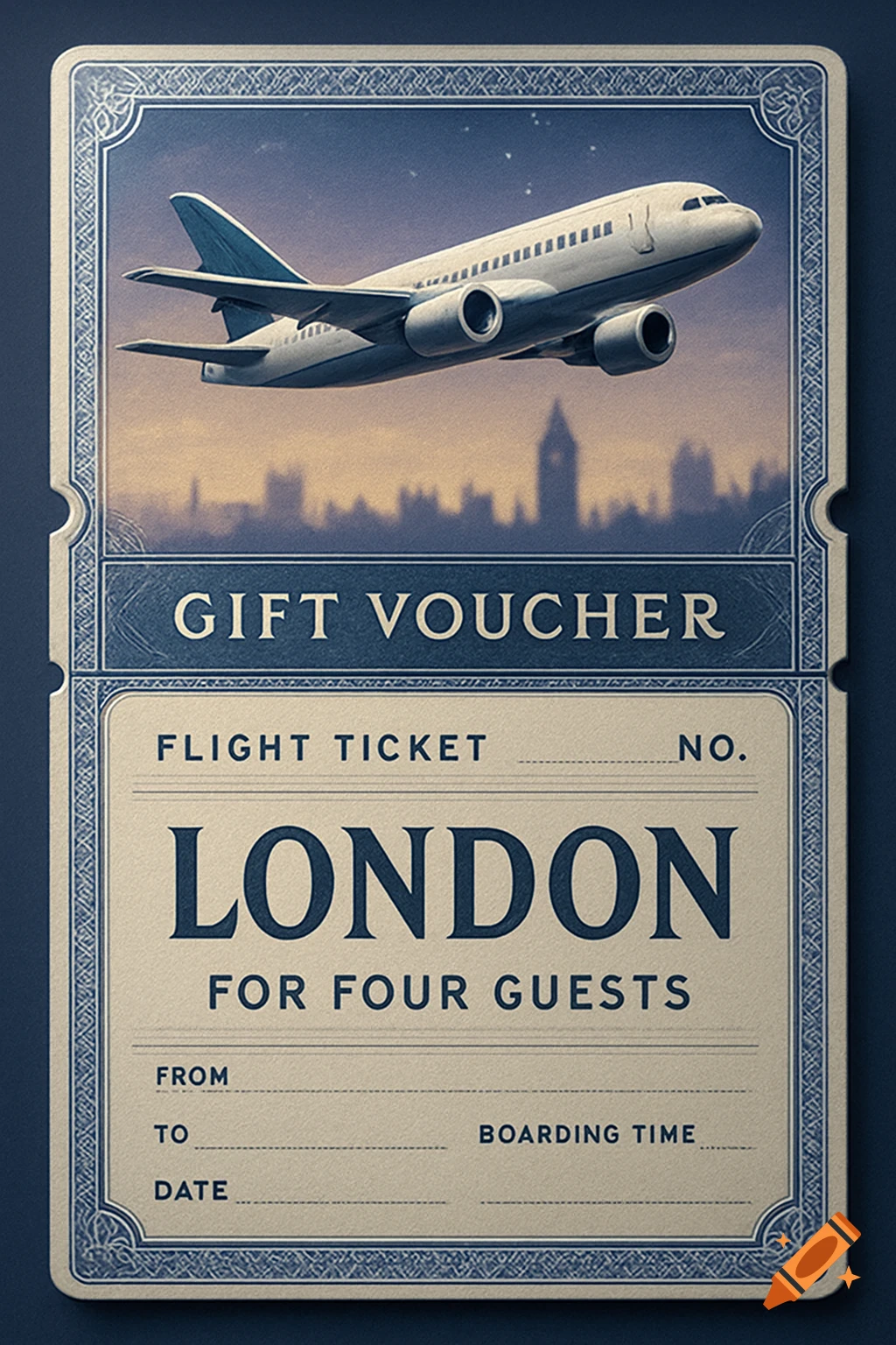A vintage-style flight ticket gift voucher with an airplane flying over the London skyline. Text reads 'Gift Voucher', 'Flight Ticket', and 'London for Four Guests'.