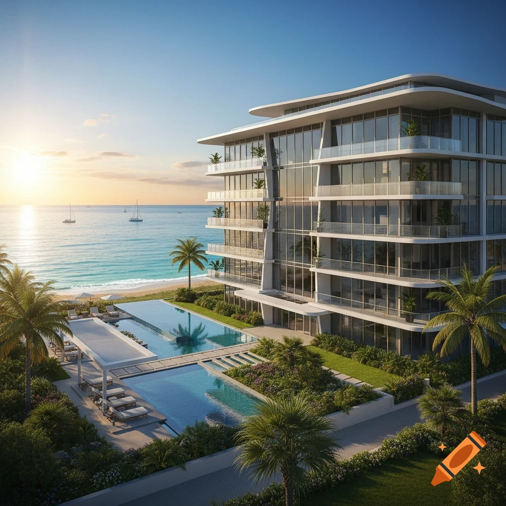 Photorealistic image of a luxurious modern oceanfront apartment building at sunset with multiple pools and palm trees.