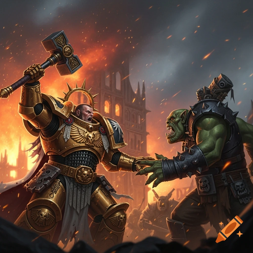 A golden armored warrior with a hammer battles a green-skinned orc amidst a burning cityscape, in a dramatic fantasy art style.
