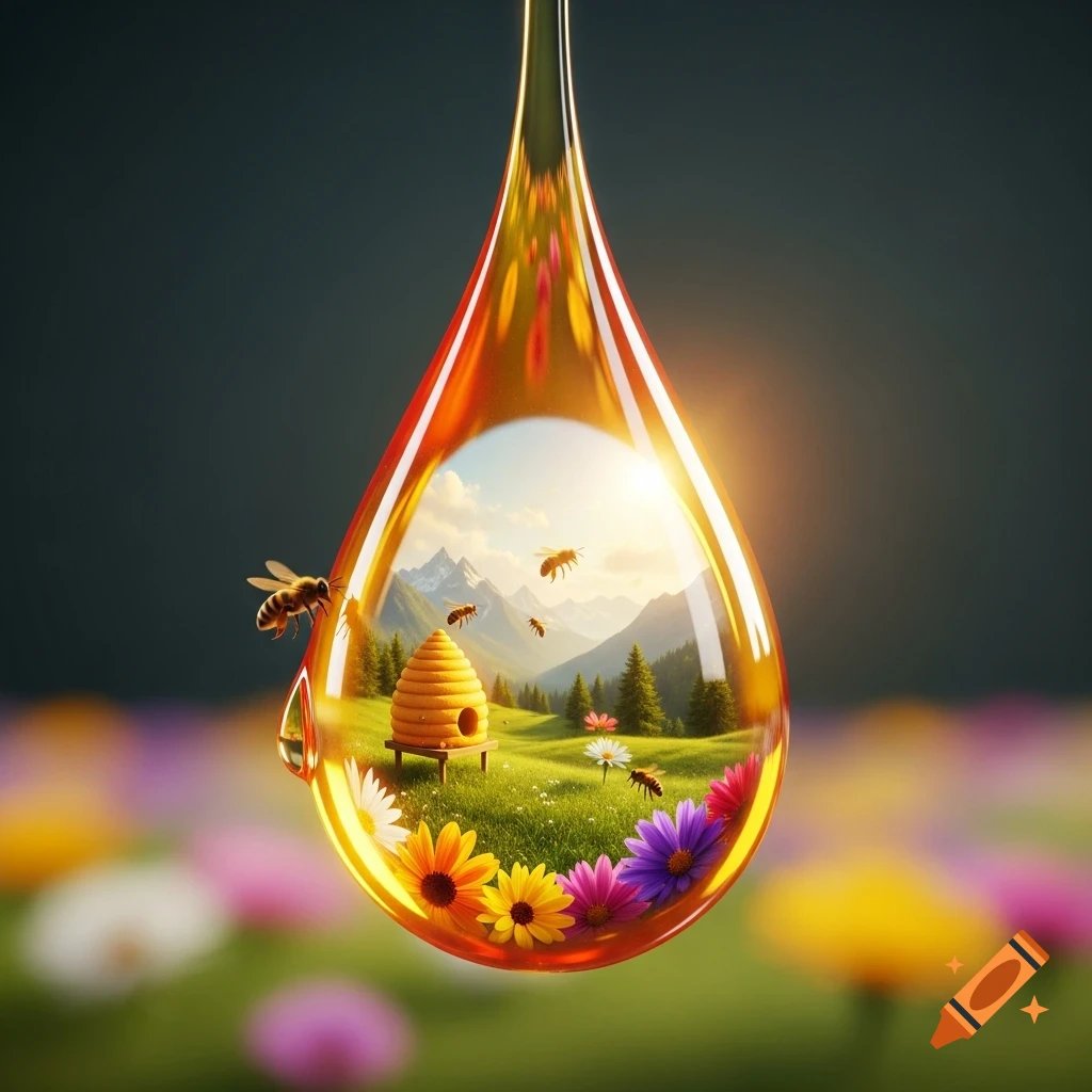 A hyper-realistic close-up of a honey drop containing a miniature landscape with a beehive, flying bees, mountains, and colorful flowers.