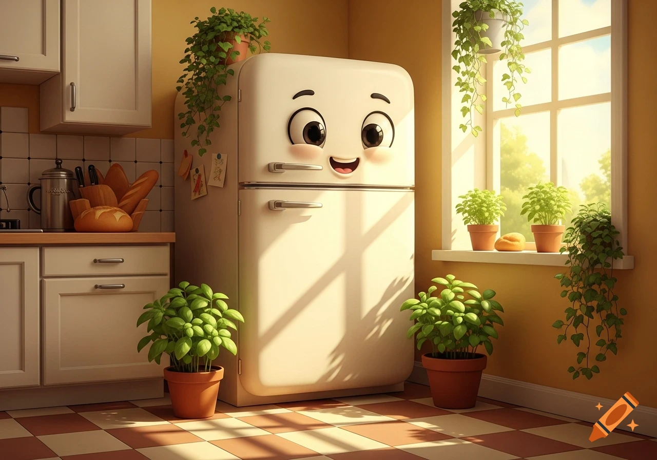 A cute, cartoonish white refrigerator with a smiling face stands in a sunlit kitchen surrounded by potted plants.