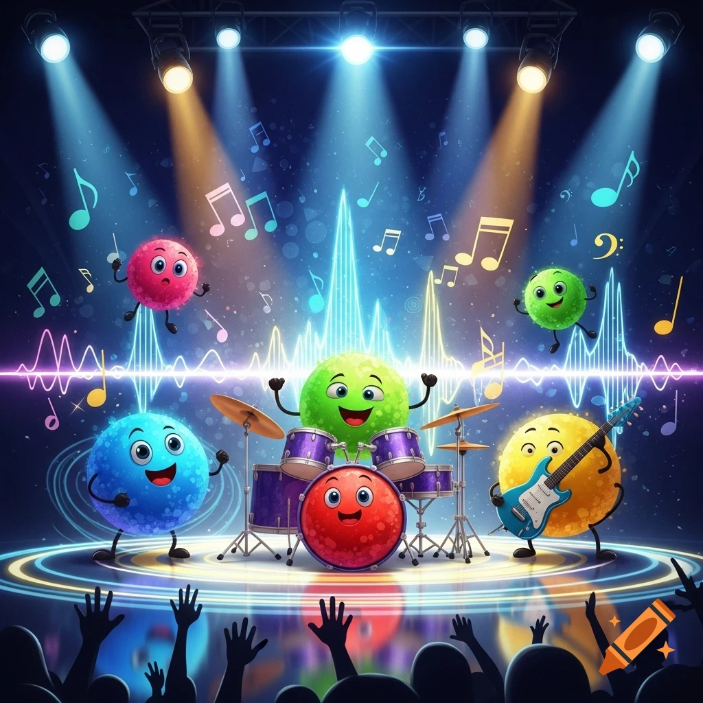 A vibrant cartoon band of colorful spherical characters plays ...