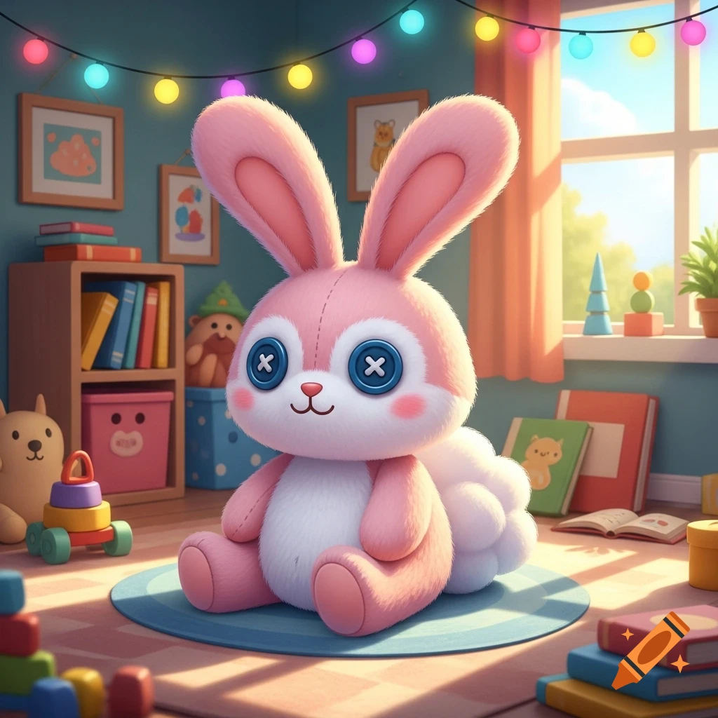 A cute pink bunny plushie with blue button eyes sits on a blue rug in a sunlit child's room filled with toys and string lights.