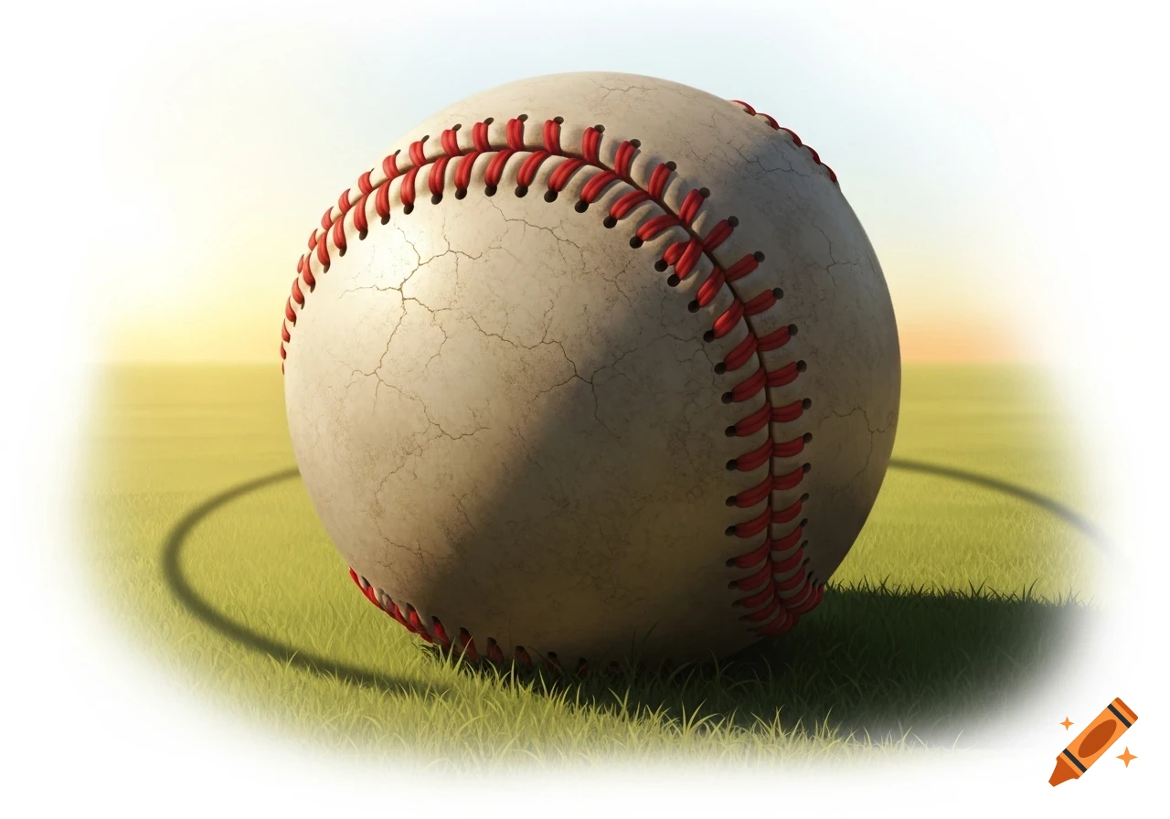 A close-up of a textured baseball with red stitching, resting on green grass under warm lighting with a light background.