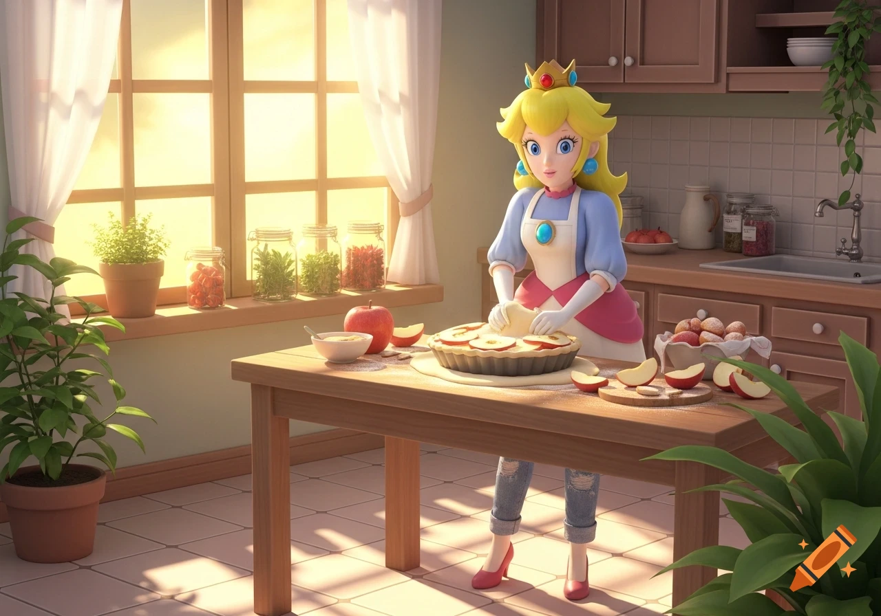 Princess Peach in an apron and casual clothes bakes an apple pie in a bright kitchen with a window.