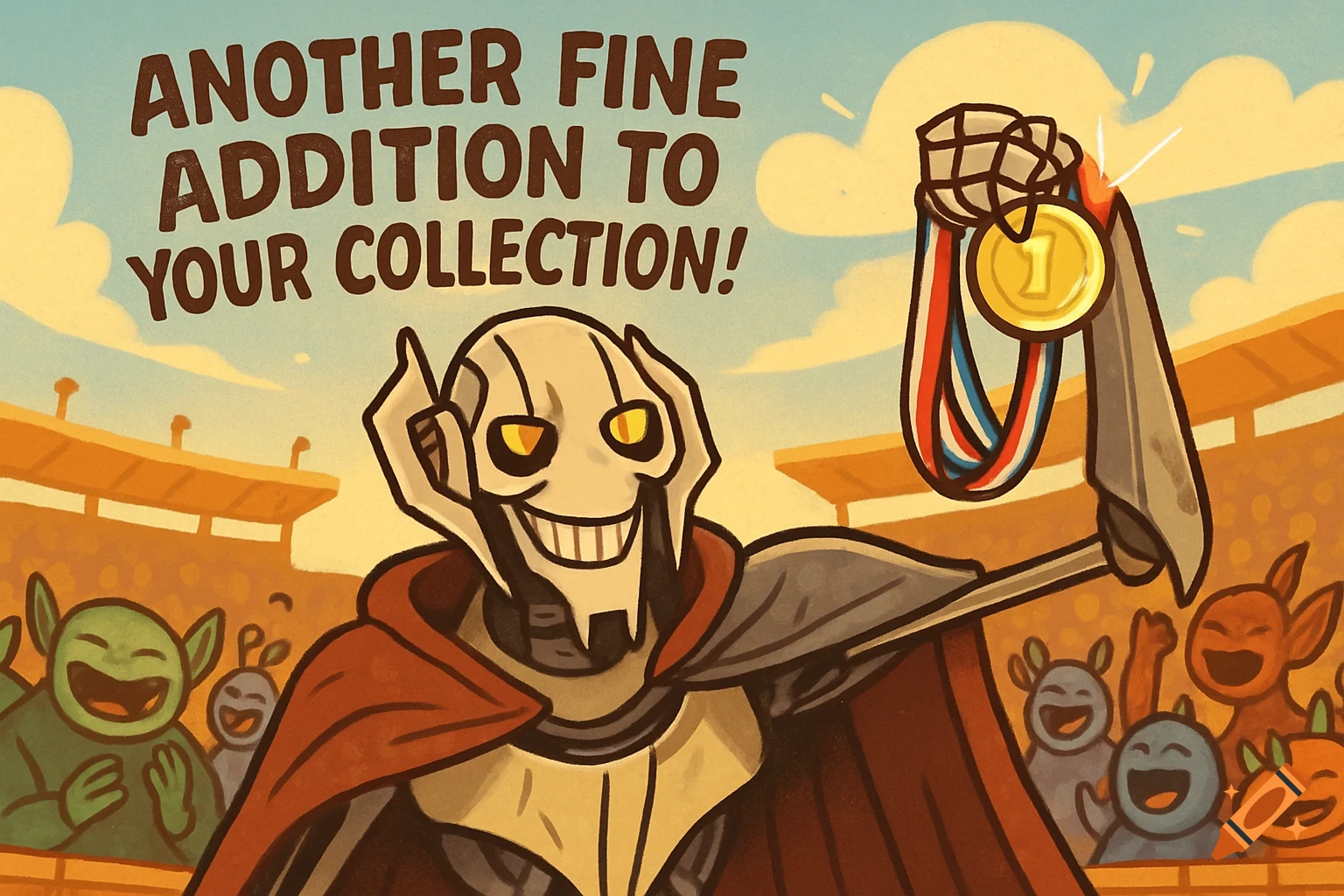 Cartoon General Grievous smiles, holding a gold medal, with text "ANOTHER FINE ADDITION TO YOUR COLLECTION!" and cheering alien crowd.