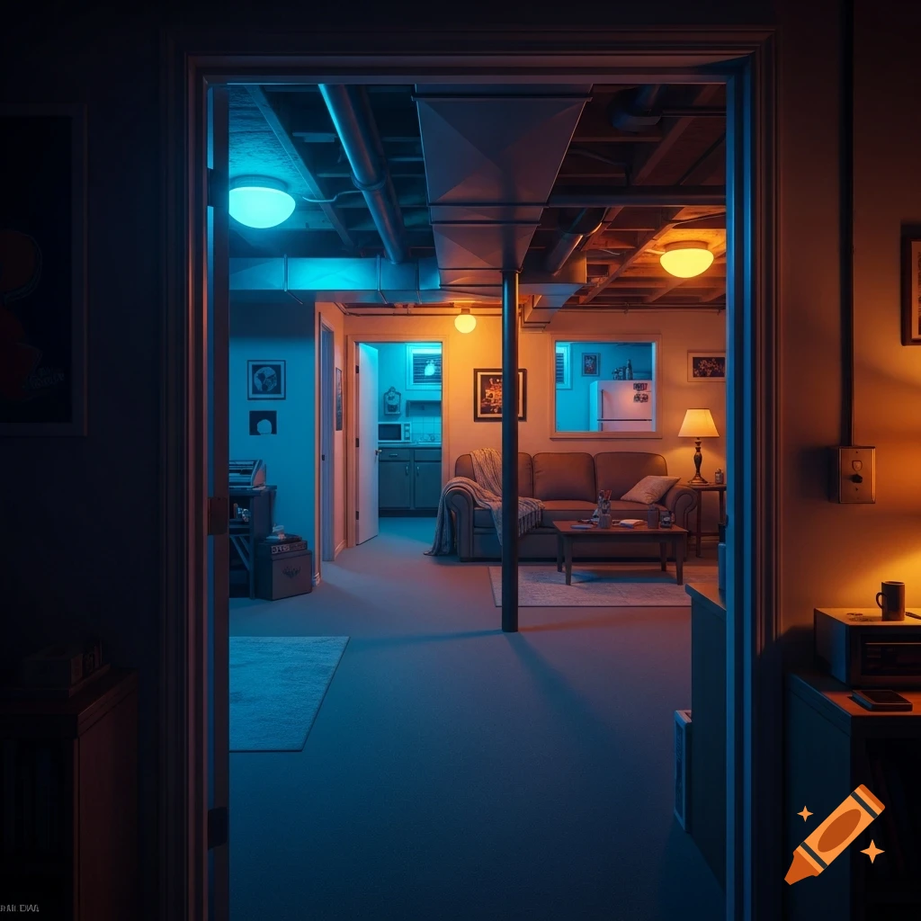 A dimly lit basement interior with blue and orange ambient lighting, featuring a sofa, coffee table, and exposed pipes, viewed through a doorway.