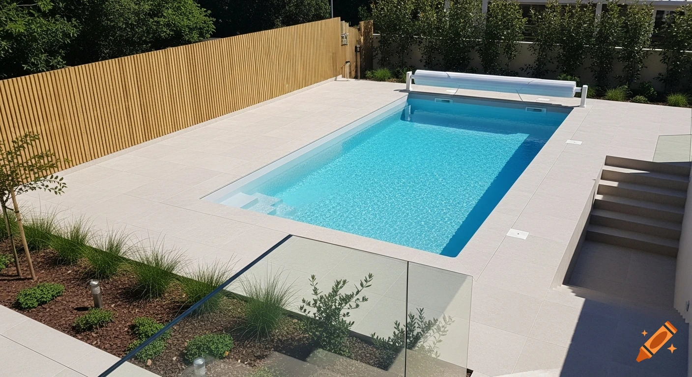 Modern rectangular swimming pool with light blue water, beige tiled patio, light wooden fence, and green landscaping.