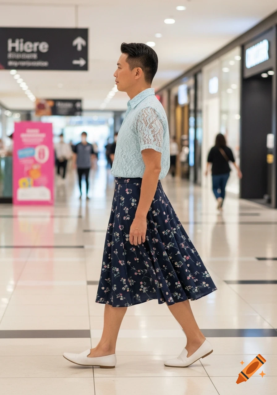 A man in a light blue lace shirt, floral skirt, and white loafers walks through a well-lit shopping mall in profile.