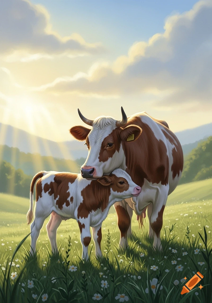 A mother cow and calf stand in a sunny green field with white wildflowers, light rays from behind, in an illustrative style.