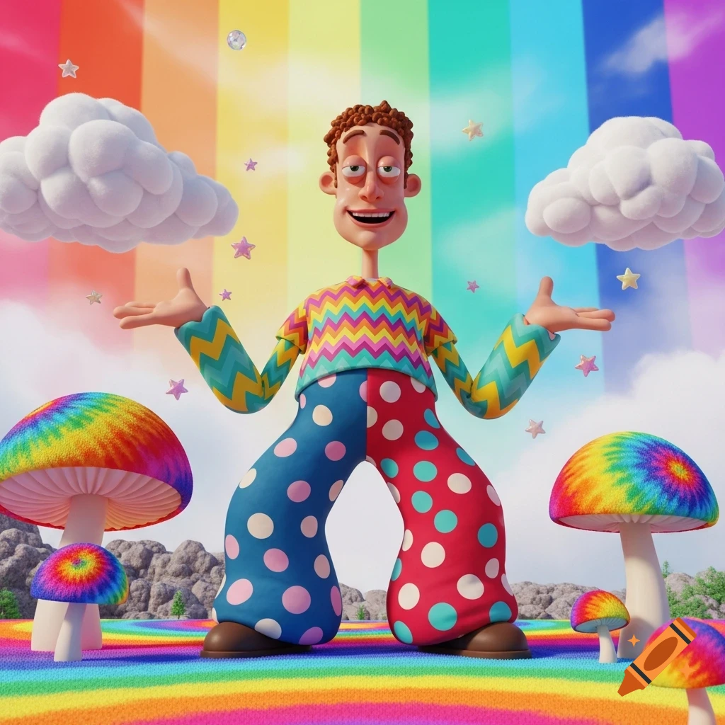 A goofy 3D cartoon character in a zigzag shirt and polka-dotted bell-bottoms on a rainbow path with tie-dye mushrooms and a rainbow sky.