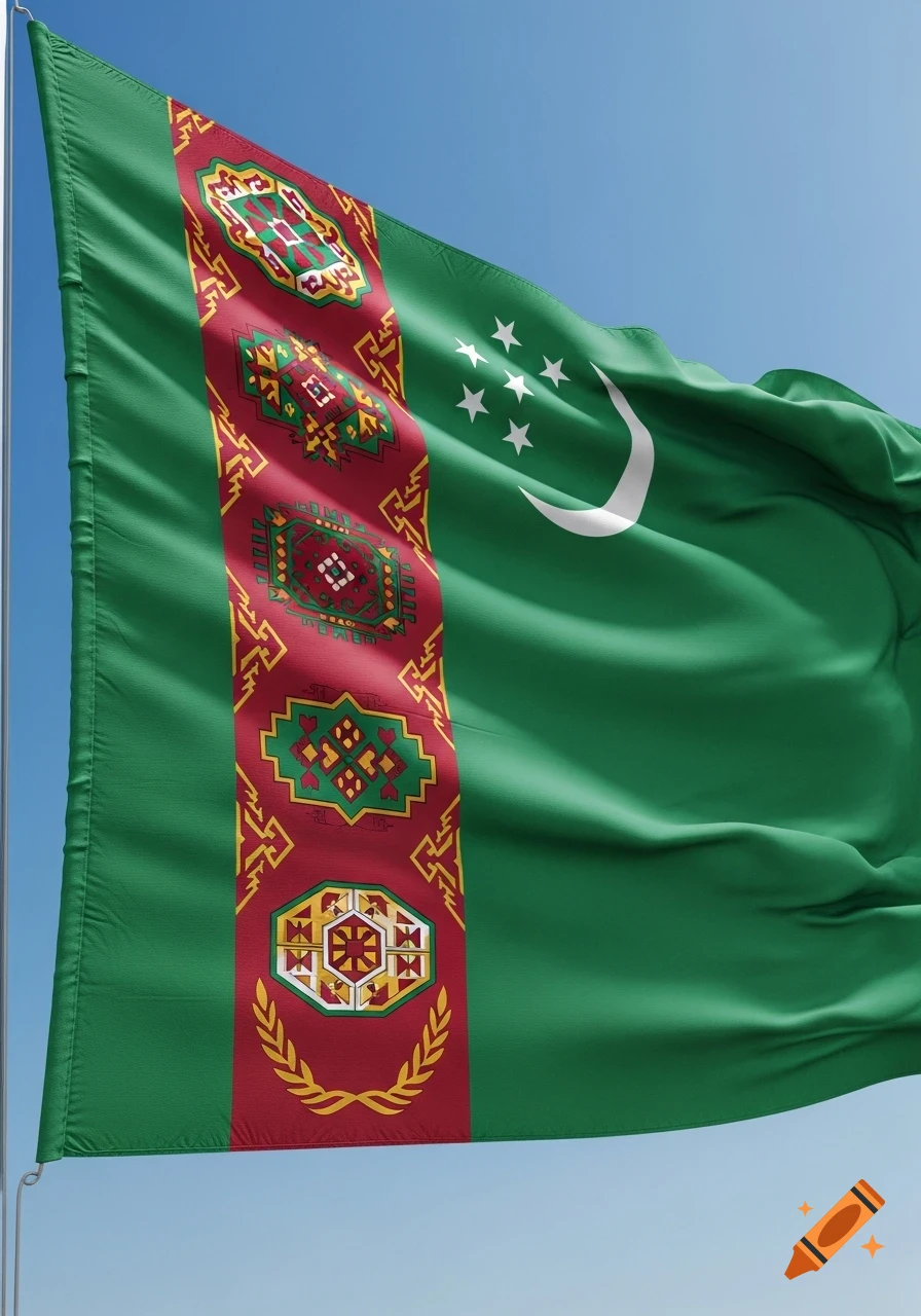 The green flag of Turkmenistan with a vertical red stripe featuring five carpet guls and an olive wreath, alongside a white crescent moon and five stars.