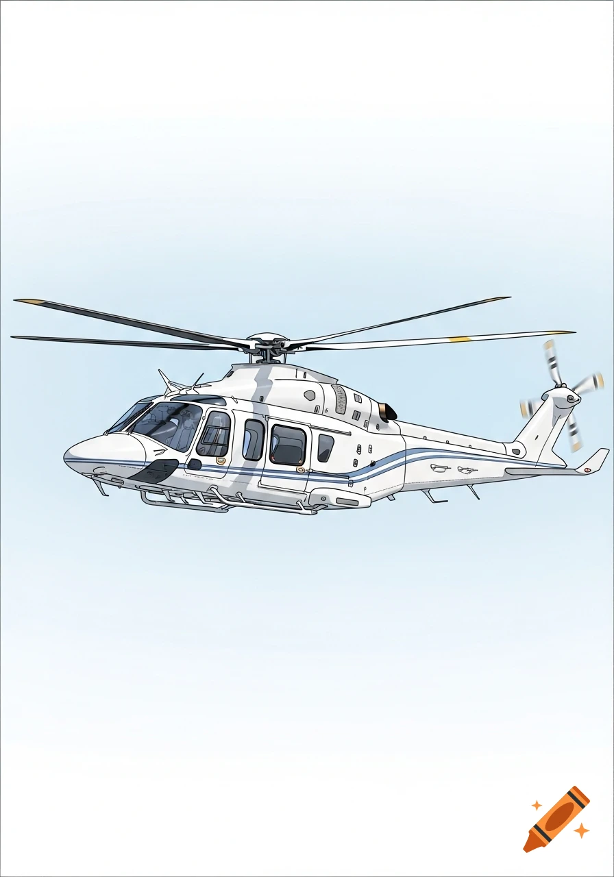 A white helicopter with blue stripes and a black outline floats against a light blue background in a skytoons illustration style.