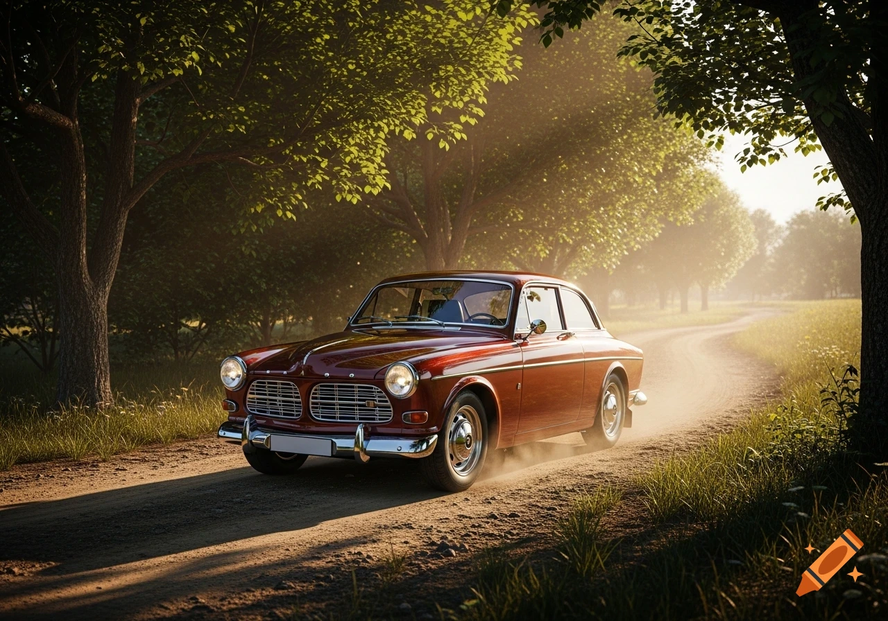 A classic maroon Volvo Amazon drives on a sunlit dirt road, kicking up dust, through a forest tunnel of green trees.