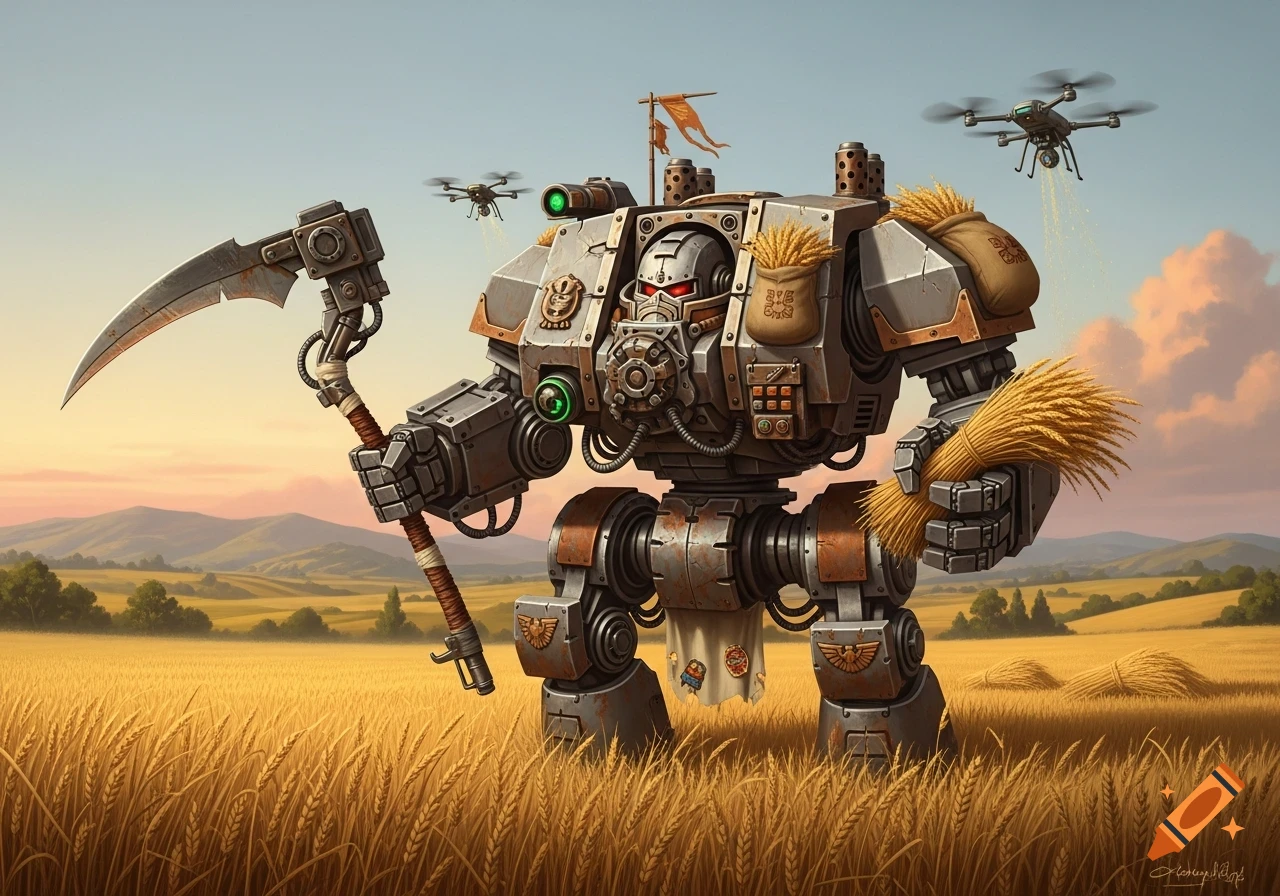 A Warhammer 40k dreadnought farmer with a scythe and wheat bags stands in a golden field, drones fly above.