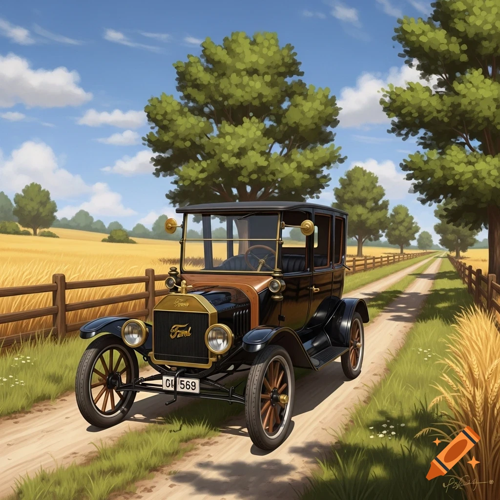 An illustrative painting of a black and brown vintage Ford Model T car driving on a dirt road alongside a golden wheat field and a wooden fence under a blue sky.