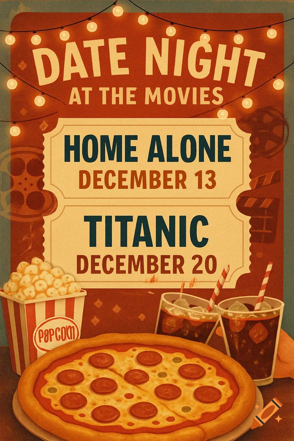 A vintage-style movie poster for 'Date Night at the Movies' showing 'Home Alone' and 'Titanic' dates, with pizza, popcorn, and drinks.