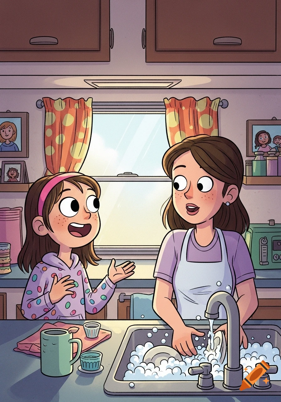 A comic illustration of a pre-teen girl talking to her mother who is washing dishes in a trailer home.