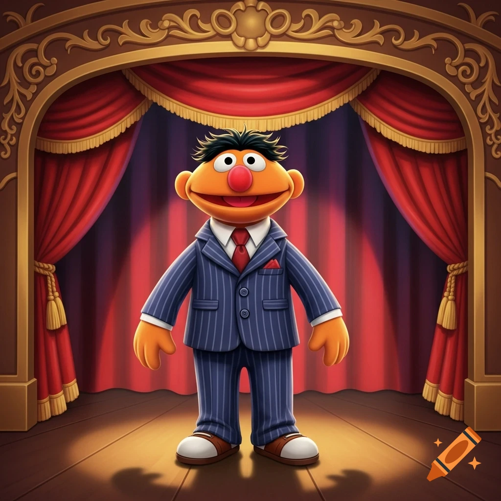 Cartoon Ernie from Muppets stands on a wooden stage with red curtains, wearing a blue pinstripe suit and a red tie.