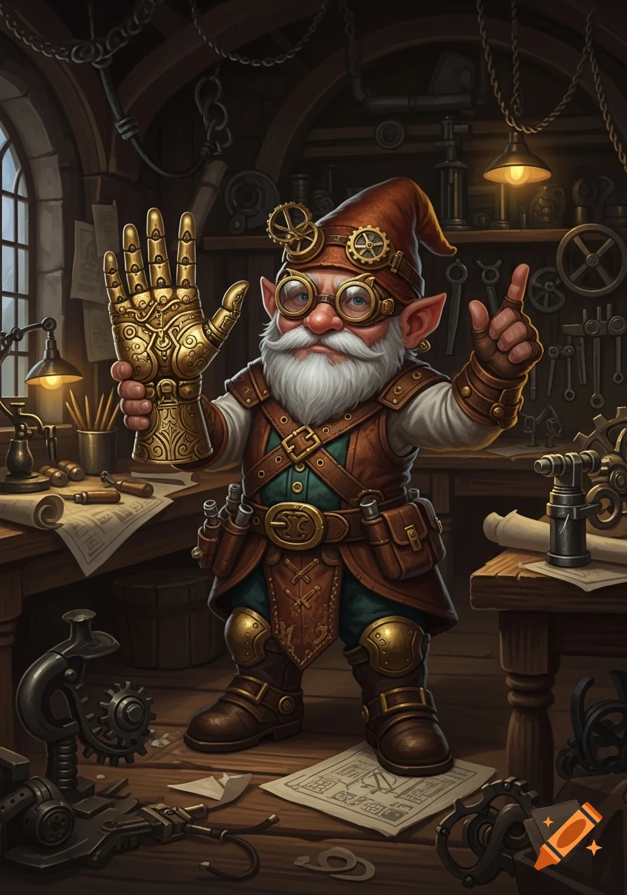 A steampunk gnome artificer with goggles and a pointed hat holds up a detailed golden brass hand in his cluttered workshop.