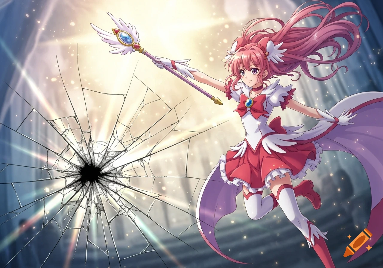A pink-haired anime magical girl in a red and white dress wields a staff, in front of a shattered glass effect and bright background.